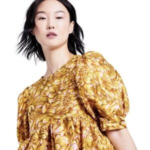 Kika Vargas For Target Dress Size S M Gold Mini Dress Mum Floral Puff Sleeve New